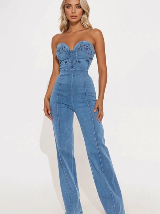 Fashion Nova Pants - FASHION NOVA Feeling Twirly Denim Jumpsuit - Medium Wash sz L EUC